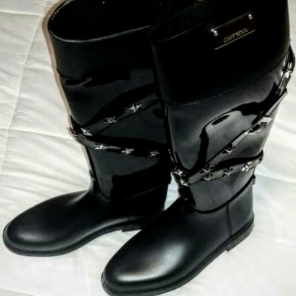 Jimmy Choo Black Carsen Star Rubber Rain Boots Size 5 - Made in Italy